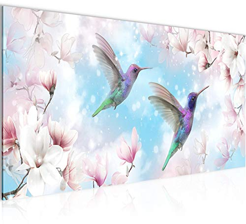 Runa Art Wandbild Blumen Magnolien 1 Teilig 100 x 40 cm Modern Bild auf Vlies Leinwand Kolibri Wohnzimmer Blau 015612b