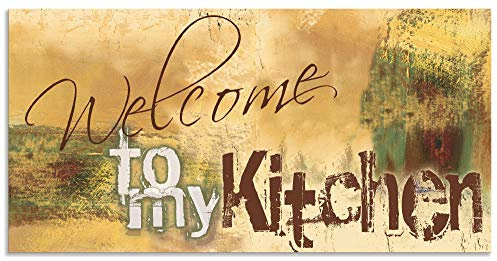 ARTland Spritzschutz Küchenrückwand aus Alu für Küche Herd Spüle 120x60 cm (BxH) mit Motiv Spruch Shabby Landhaus Kunst Willkommen Ocker H6ZJ