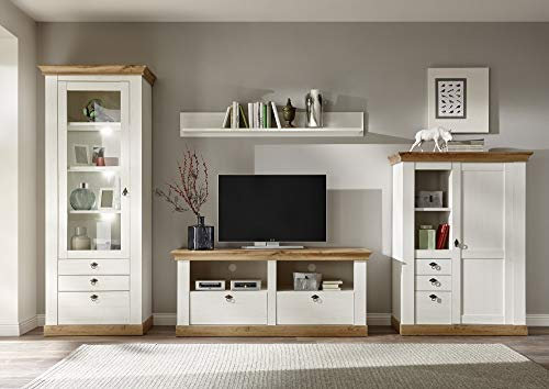 Wohnwand Côte d’Azur, Pinie weiß/Wotan Eiche NB, 356 (336) x 204 x 44-52 cm, Wohnzimmer, Wohnzimmerwand, Wohnzimmermöbel Ausführung ohne Beleuchtung
