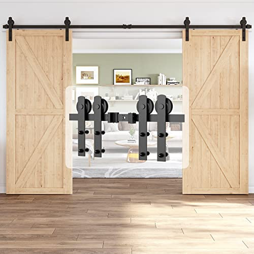 HomLxaLx 12ft Heavy Duty Sturdy Sliding Barn Door Hardware Kit, Double Door-Smoothly and Quietly, Easy to Install and Reusable - Fit 1 3/8-1 3/4 Thickness & 36 Wide Door Panel, Black (I Shape)