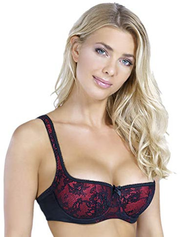 Rosme Women's Balconette Bra with Push Up Effect – Plus Size Sexy Lace Demi Half Cup Bra – Lightly Padded Underwired Low Cut Mesh Design Eliza, Black/Red, Size 40B