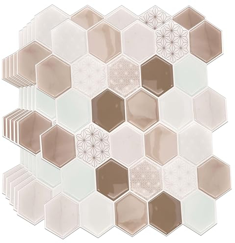 WALPLUS Honey Hexa Brown 12 Sheets Glossy 3D Hexagonal Tile Stickers 30x15cm Wall Splashbacks Vinyl Stick on Tiles Backsplash Peel and Stick Bathroom Kitchen Decor Tile Paint