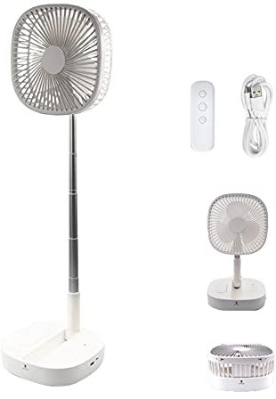 KS Tools HIOD Portátil de 4 Velocidades Silencioso con Control Remoto, Escritorio, Soporte de Suelo Telescópico, Ventilador, Dormitorio, Recargable por USB, Temporización, Pequeño Plegable,White