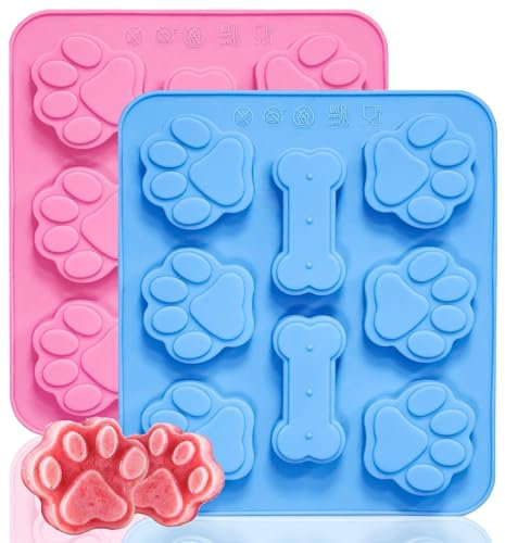 Lot de 2 moules à friandises en silicone pour chiot, pattes de chien et os, glaçons, gelée, biscuits, chocolat, bonbons, four, micro-ondes, congélateur, lave-vaisselle - Rose et bleu (2)