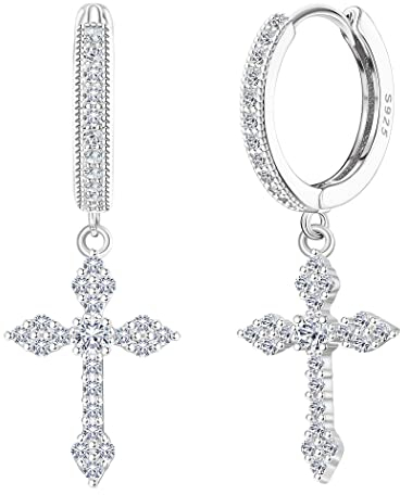KRFY Kreuz Ohrringe 925 Sterling Silber für Damen Herren Zierlich Klein Huggie Ohrringe Creolen mit Kreuz Leichtgewicht Hypoallergen 18K Vergoldet Hängend Creolen Silber
