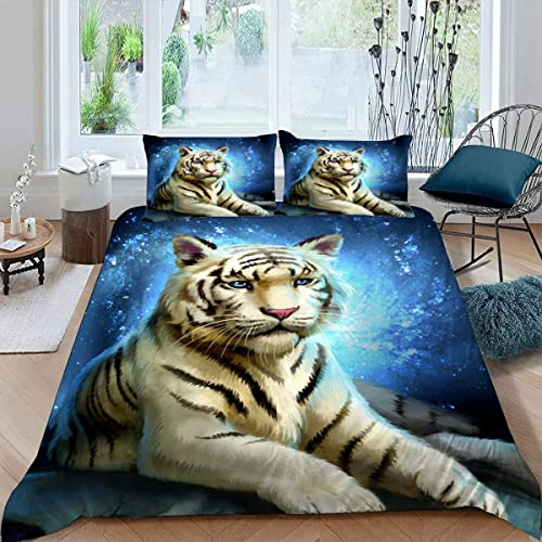 Kinder Bettbezug-Set Cartoon-Tiere Teens Bettwäsche-Sets 155X220 Weiche Mikrofaser mit Reißverschluss Tiger Jungen Mädchen Bettbezüge mit 2 Kissenbezug 80x80 cm