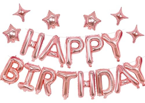 iPartycool 24pcs Happy Birthday Balloons Banner, 3D Rose Gold Premium Mylar Foil Letter Happy Birthday with 6pcs Star Balloons Kits for Kids Girls Women Adults Party Decorations