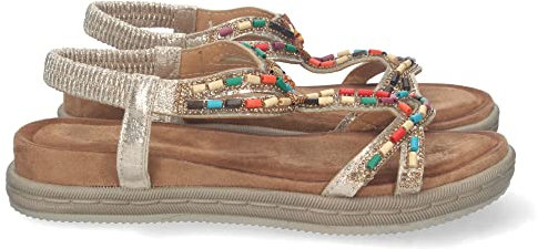 shoes&blues.es 73963 Sandalia Plana para Mujer, Comoda, Tiras con Detalles de Colores, y Cierre Elastico en el Talon Oro Talla 40