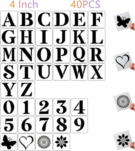 4 Inch Letter Stencils and Numbers,40 Pcs Reusable Plastic Large Alphabet Art Craft Stencils for Painting on Wood, Wall, Fabric, Rock, Chalkboard,Signs, DIY Art Projects