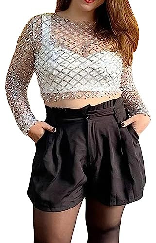 SANSIWU Women's Sexy Mesh Tops Shiny Rhinestone Long Sleeve See-Through Hollow Out Fishnet Crop Tops Beach Cover Up Party Clubwear (E-Silver, M)