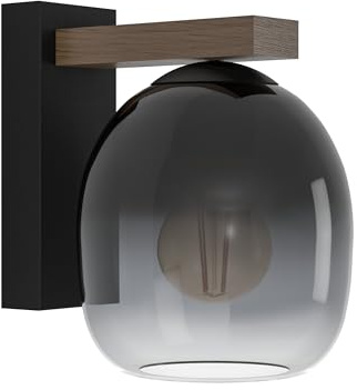 EGLO Wandlampe Filago, Wandleuchte für innen, FSCM70PA, Flurlampe | aus Holz in Walnuss-Braun, Metall in Schwarz und Glas mit Farbverlauf in Schwarz-transparent, Lampe Wand mit E27 Fassung