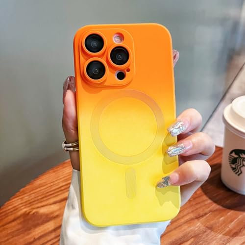 UEEBAI Magnetic Case for iPhone 14 Pro Max 6.7 inch, Bi-color Case Compatible with MagSafe Charger Silicone Cover with Camera Lens Protector Soft Silicon Phone Case - Orange Yellow