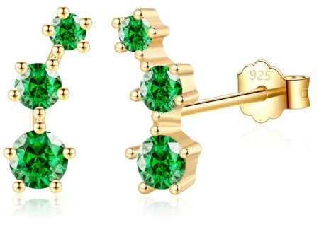 CERSLIMO Gold Stud Earrings for Women Girls - Mini Climber Earring with 3 Cubic Zirconia | S925 Sterling Silver Earrings, Hypoallergenic Gold Earrings Jewellery, Green