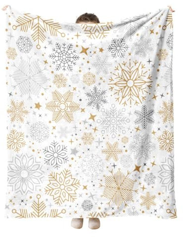 Hixingo Weihnachten Kuscheldecke Flauschig Decke Weihnachten Schneeflocke Bedruckte Flanelldecke Fleecedecke, Luxus Weich Warm Wohndecke, Sofadecke, TV-Decke, Tagesdecke (153x127cm,Weißes Gold)
