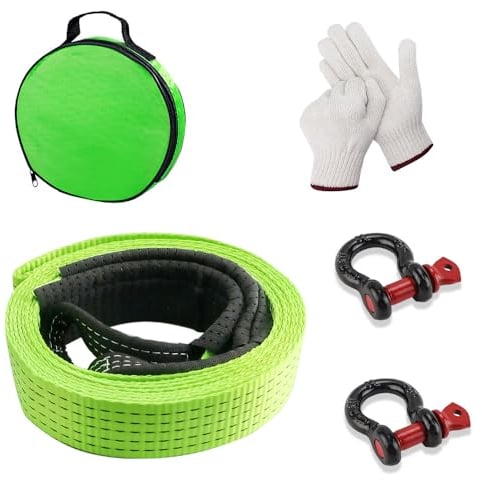 VonLux 5m Towing Rope, 10 Tonnes, Heavy Duty, Polyester, Green, with Buckle, Gloves, Carrying Bag, Reflective