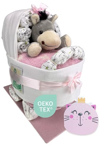 Tarta de pañales ® Cochecito con peluche, juguete de peluche, regalo para nacimiento, baby shower, fiesta de bienvenida (rosa)