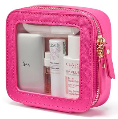 Popvibe Transparente Make-up-Tasche, Reise-Kosmetiktasche, transparenter Kulturbeutel mit Reißverschluss, tragbarer Make-up-Organizer, Reisen, kompakte Autotasche für wichtige Dinge, Knallpink (Hot