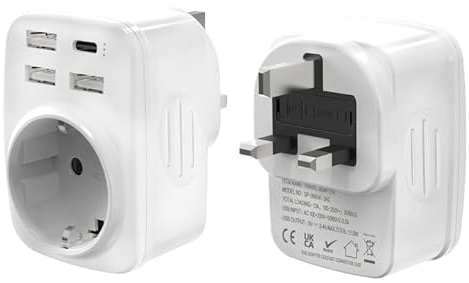UK Adapter Reiseadapter, EU zu UK Steckdose, England Deutschland Stecker mit 3 USB-A und Typ C, 250V/13A, 3250W, Typ G, für UK, Irland, Singapur, Hong Kong