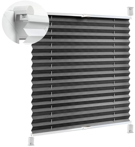 Thermo Plissee Ohne Bohren 30 x 30 cm Verdunklungsplissee Lichtundurchlässig Plissee Rollo Klemm Plissee mit Klemmträger / -fix für Fenster & Tür, Dunkelgrau