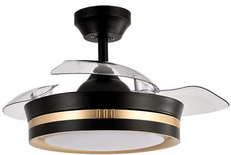 ABRILA - Ventilador DC VIPER | Color Negro/Color Oro con tres Aspas Desplegables | Ventilador 6 Velocidades Ajustables | con 3 Temperaturas de Luz | Mando a Distancia Incluido