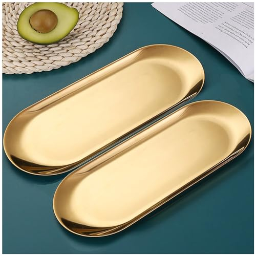 Pack of 2 Tablett Gold - Dekotablett Gold - Golden Deko Servierplatten, Kleines Spiegel Edelstahl Tablett ,FüR Lebensmittel, Schmuck, Kosmetik, Kerzen, Handtuch (Oval, XXL, 30x12cm)