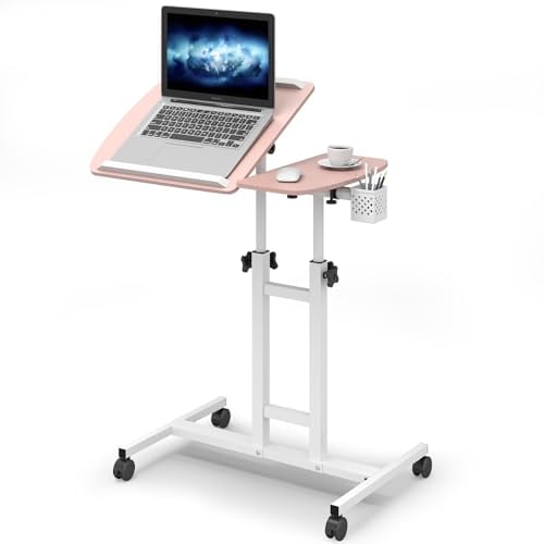 Warmiehomy Mesa de Ordenador Ajustable en Altura con Ruedas,portátil rodante sobre la Cama con Bandeja de ratón,Mesa de Escritorio con Soporte para bolígrafo para sofá Oficina en casa 58-89cm,Rosa