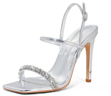 GENSHUO Sandales à Talon pour Femmes, Talon de 11 cm, Bout Ouvert, Bride à la Cheville, Élégantes pour Robe de Bal, Argent et strass, 39 EU