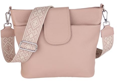 MIRROSI® Umhängetasche Damen, Echtleder, Made in Italy, BOHO Style30x24,50x9cm (BXHXT) viel Stauraum, Handtasche, Brusttasche, Crossbody Bag (1 Tasche & 2 Gurte) (Rosa (Karo))