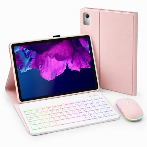 HLTOOP Tastatur Hülle für Lenovo Tab P11 (TB-J606) / P11 Plus 11 Zoll 2021 (TB-J616F/TB-J607), QWERTZ Deutsches,7-Farbige Tastatur Mit Hintergrundbeleuchtung Und Maus, Weiche TPU-Rückseite,Rosa