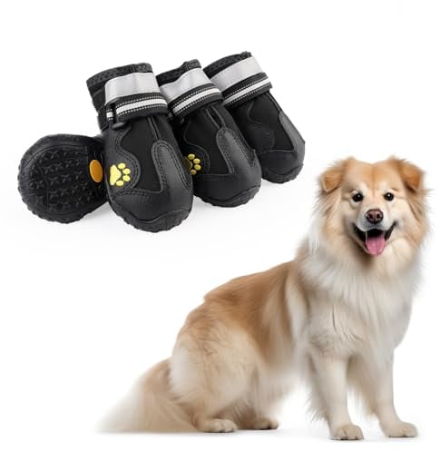 Sindapa Hundeschuhe,4 Stück Hundeschuhe Pfotenschutz, Kurzer Stil wasserdichte Hundeschuhe Mit Rutschfester Gummisohle und reflektierenden Riemen, Atmungsaktiv Hundestiefel, Dog Shoes Größe 5