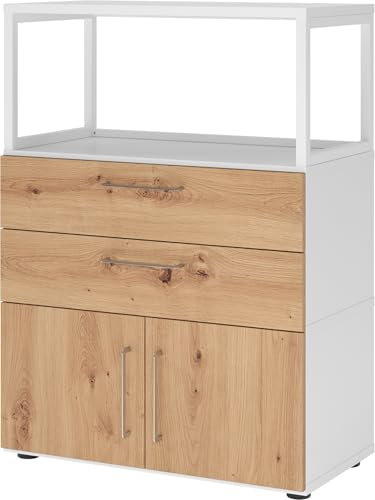bümö Flexi Schrank mit Flügeltüren, Regal & 2 Schubladen in Weiß/Asteiche, Büroschrank mit werkzeuglosem Schnellmontage-Klicksysten in modularer Bauweise