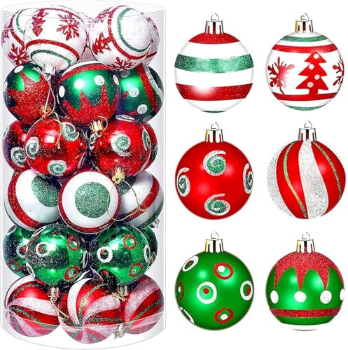 KAHEIGN 30Pcs Weihnachtskugel Christbaumkugeln, 6cm große rote, grüne und weiße bruchsichere Weihnachtskugeln zum Aufhängen für Weihnachtsbaum Weihnachtskugeldekorationen (6 Stile)