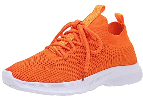 Zapatos deportivos de moda para primavera y verano para mujer, parte inferior plana, ligeros, de malla tejida voladora, transpirables, cómodos, color sólido, con cordones, sin tacón, Orange, 40 EU