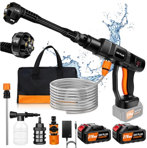 Nettoyeur Haute Pression Sans Fil 6000mAh, 21V 45 Bar/652 PSI Pistolet à Eau Haute Pression Portable avec Générateur de Mousse, Buse Multi-pulvérisation 6en1,Outil de Nettoyage de Voiture en Plein Air