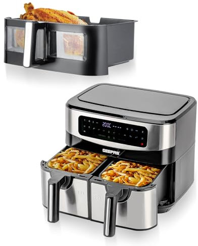 Geepas 9L XL Dual Zone Air Fryer & 10L Air Fryer Drawer Combo - 10-In-1 Functions, Touch Screen, Dual Temperature Control, Match Cook, Smart Finish - Large Capacity, Batch Cooking - Dishwasher-Safe