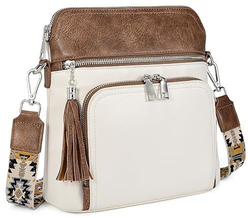 UTO Umhängetasche Damen Gross RFID Blockierung PU Leder Vielen Fächer mit Reißverschluss Wasserdicht Schultertasche Kunstleder Breiter Gurt Crossbody Bag mit Verstellbarer Schultergurt Braun und Weiß