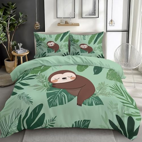 Quixora 3-teilig Bettwäsche Set Grün Bettbezüge für Kinder und Teenager, mit Cartoon Tier Faultier Thema 155 x 220 cm + 2 Kissenbezügen, Dekor-Bettwäsche