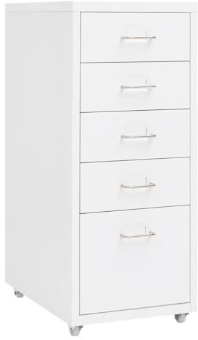 Myheimly Aktenschrank 5 Schubladen mit Rollen Weiß 28x41x69cm Aktenschrank mit Rollen Rollcontainer Bürocontainer Schubladenschrank Büroschrank Metallschrank Schrank Mobiler