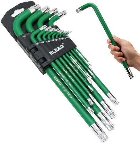 ELEAD Juego de llaves Torx jumbo | 13 llaves de estrella S2 duraderas | Diseño de brazo largo en forma de L | Tamaños T10 a T80 | Automoción | Mecánico | Muebles | Herramientas de grado profesional