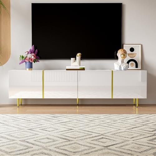 Moimhear Mobile TV lucido a 4 ante 170x35x46cm, moderno e semplice, con gambe dorate, mobile TV per soggiorno di casa (bianco+oro)