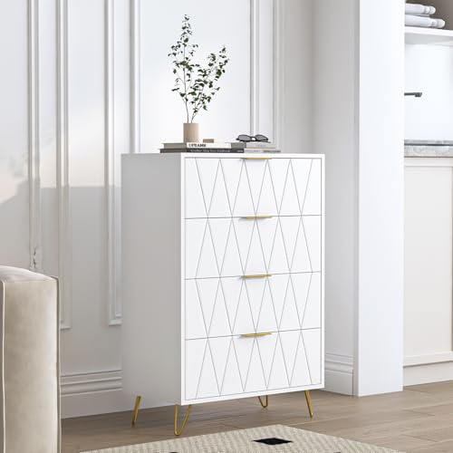 JDEFARF Weiße Kommode mit 4 Schubladen, hohe Schlafzimmer-Kommode mit großer Schublade und goldenen Griffen, moderne Aufbewahrungskommoden aus Holz, für Schlafzimmer