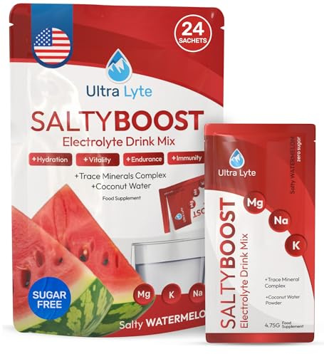 Ultra Lyte Electrolytes Drink Mix - Sugar-Free Salty Watermelon Powder - 24 Sachets with High Sodium, Trace Minerals, and Coconut Water - Hydration for Exercise, Rehydration, and Recovery