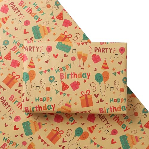 Birthday Wrapping Paper, Happy Gifts Wrapping for Men Women Girls Boys Best Friend Mum, Classic Kraft Multi-coloured Wrapping Paper for Birthday Party Baby Shower(50 * 70cm*8 sheet)