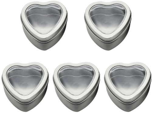 QUUPY 5Pcs Empty Metal Tin Box Heart Shaped Containers with Clear Window for Candle Making Candies Gifts Treasures(Silver)