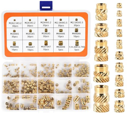 300PCSThreaded Inserts for Plastic, Heat Insert Assortment Set, Brass Metric Knurled Nuts M2 M2.5 M3 M4 M5 M6 1/4-20 for 3D Printer Parts