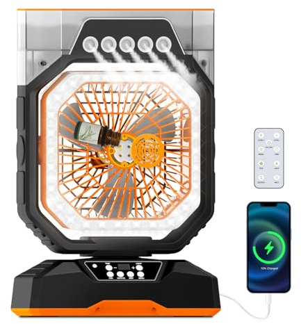 Ventilateur brumisateur rechargeable pour camping et maison - Ventilateur de refroidissement portable à 6 vitesses avec brume réglable, boîte d'aromathérapie, minuterie de 8 heures, batterie à charge