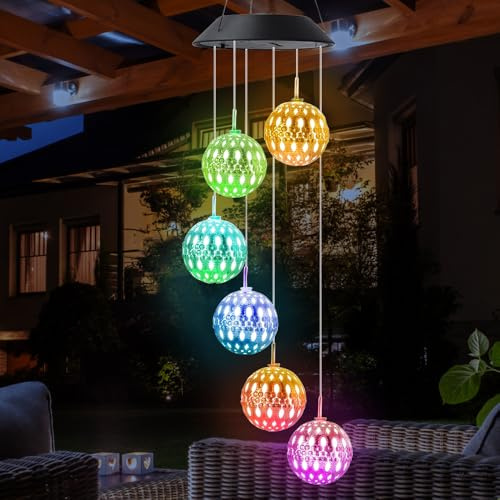 Riisoyu Solar Windspiel für Draußen, 6 LED Solar Kristallkugel Windspiel Licht Farbwechsel Wasserfest Dekorationen für Garten deko draußen Hof Baum Balkon Terrasse und Heimdekoration