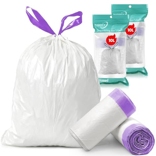 XIQIYY 10L Bin Liners with Drawstring – Small White Bin Bags with Tie Handles, Pre-separated, Strong & Leakproof Food Waste Bags for Kitchen, Bathroom & Office(Size 8-10 Litre, 80 Counts)