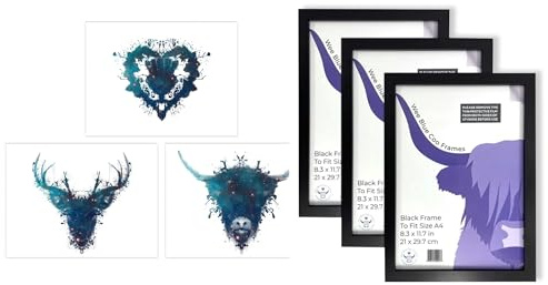 Artery8 Celestial Scottish Wall Art - Set of 3 A4 Sized Art with Black Frames - Ink Splat Thistle Heart Flower Hairy Coo Cow and Stag Space Painting