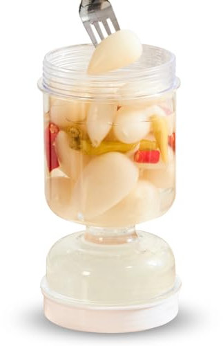Flip-Top Hourglass Pickle and Olive Jar with Strainer for Wet/Dry Food Separation, 800ml Plastic Storage Container for Pickles, Olives, Gherkins, Jalapenos, White
